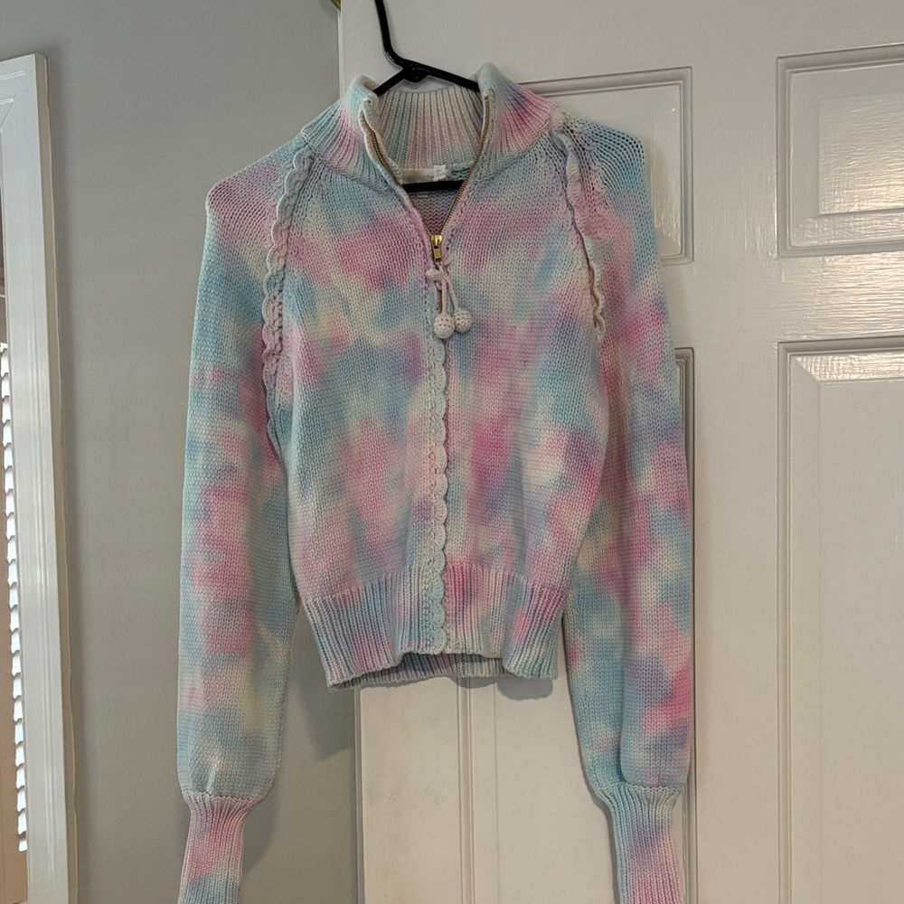Loveshackfancy Florrie, tie dye, zip up sweater, mock neck, large.  Like new!